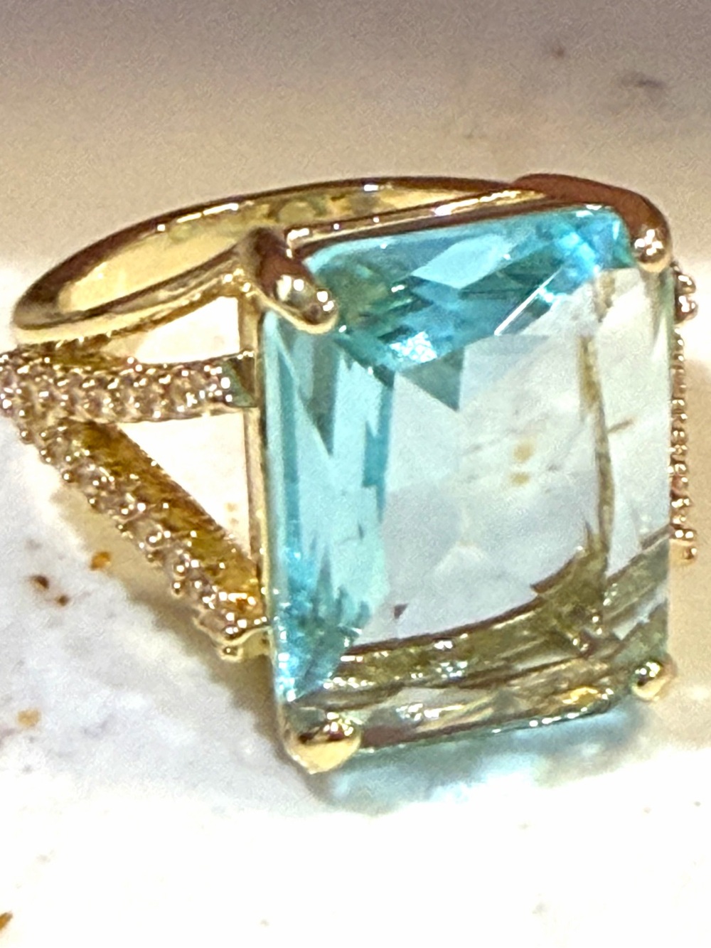 Gold Ring with Large Aquamarine-Cut Blue Stone Size 7